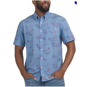 HUK Mens Kona Blue Fishing Print Short Sleeve UPF Button Front Shirt Sz L New